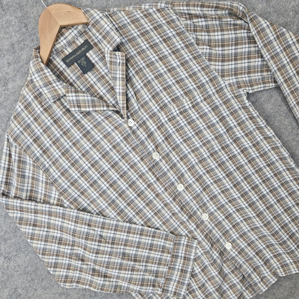 Banana Republic Pajama Shirt Mens Brown Plaid Small Cotton Button Up Camp Collar